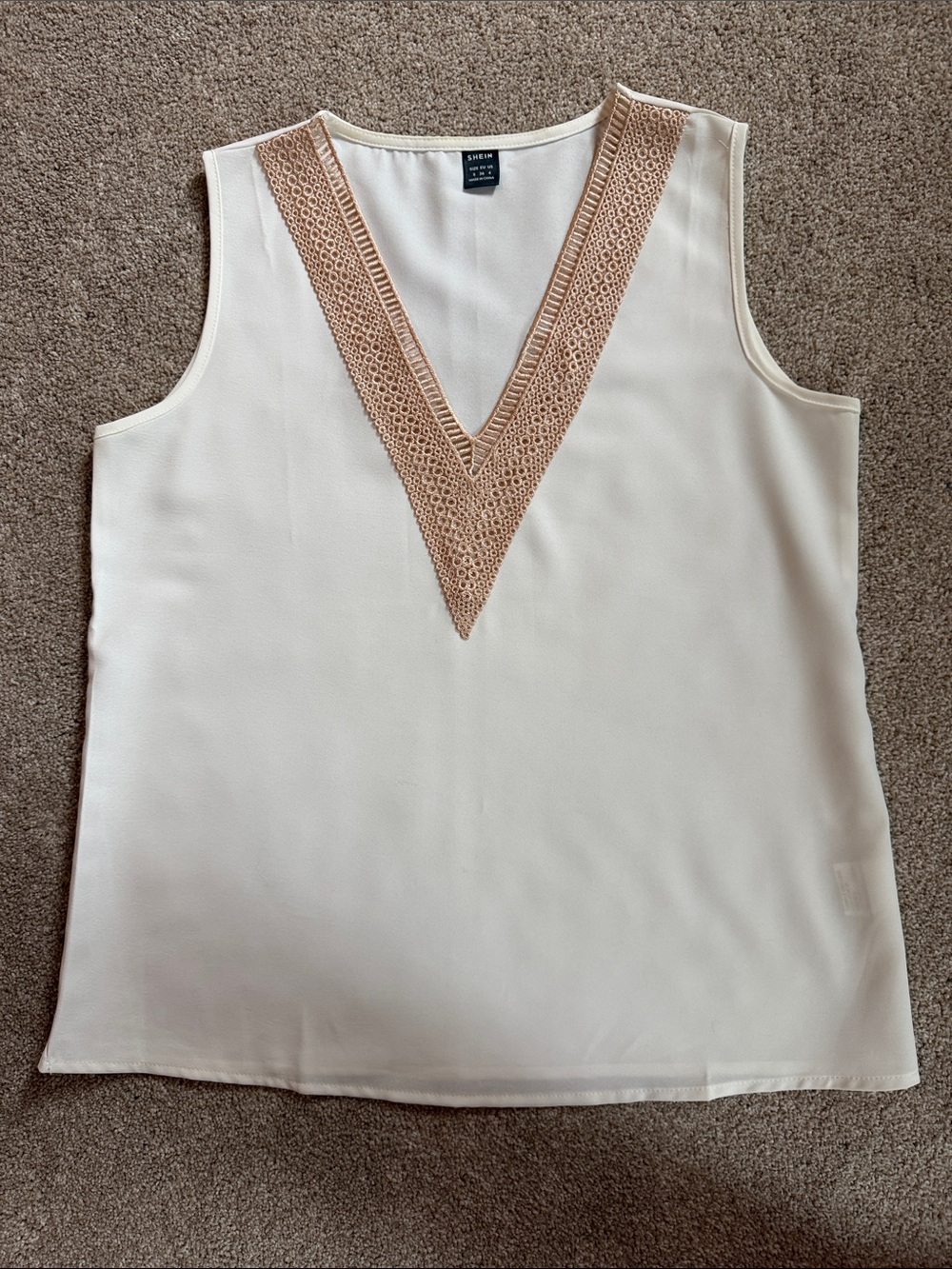 SHEIN Cream Sleeveless V-Neck Cami with Tan Crochet Trim